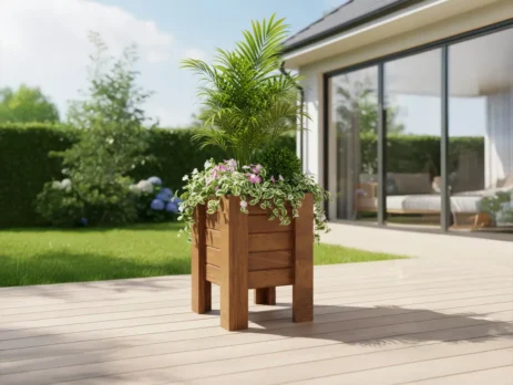 Teras zemininde duran, çeşitli bitkilerle dolu kare formlu ceviz renkli ahşap saksı avantajları ve doğal görünümü.