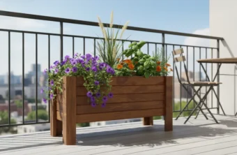 Güneşli bir balkonda mor petunyalar ve süs otları ile aranje edilmiş, metal korkuluk önünde duran ayaklı dikdörtgen ahşap saksı dekorasyon fikirleri ve uygulaması.