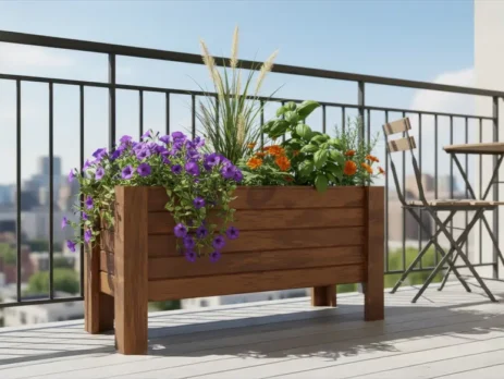 Güneşli bir balkonda mor petunyalar ve süs otları ile aranje edilmiş, metal korkuluk önünde duran ayaklı dikdörtgen ahşap saksı dekorasyon fikirleri ve uygulaması.