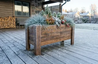 Kışın donmuş ahşap teras üzerinde kış bitkileriyle dolu, buz tutmuş Dora Long modeli ahşap saksı.