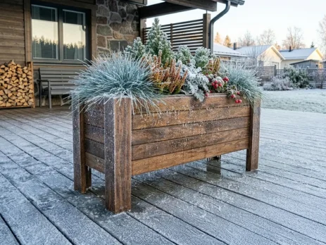 Kışın donmuş ahşap teras üzerinde kış bitkileriyle dolu, buz tutmuş Dora Long modeli ahşap saksı.