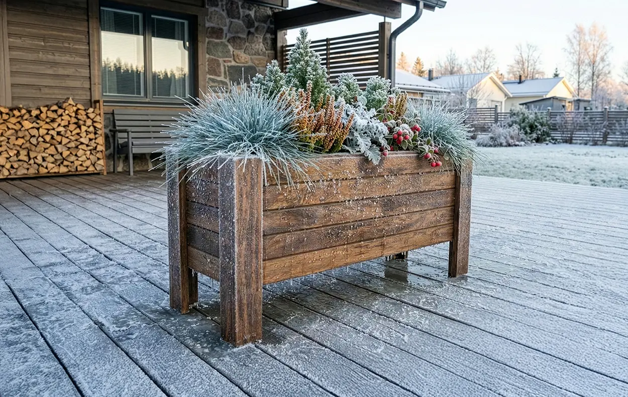 Kışın donmuş ahşap teras üzerinde kış bitkileriyle dolu, buz tutmuş Dora Long modeli ahşap saksı.
