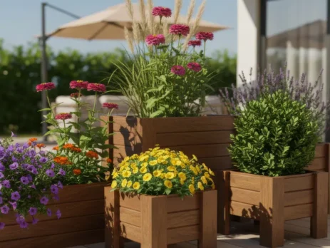 Güneşli bir terasta Dora Long ve Dora Solo modelleri içinde mor petunya, sarı çiçekler, şimşir ve lavantalarla aranjman yapılmış renkli ahşap saksı bitkileri.