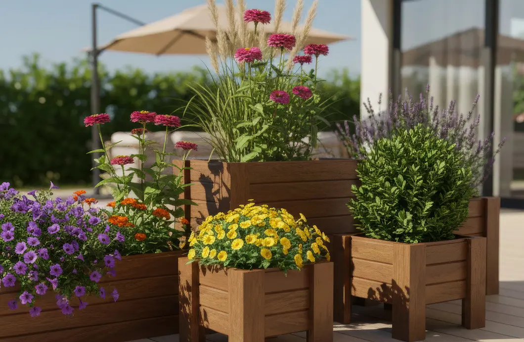 Güneşli bir terasta Dora Long ve Dora Solo modelleri içinde mor petunya, sarı çiçekler, şimşir ve lavantalarla aranjman yapılmış renkli ahşap saksı bitkileri.