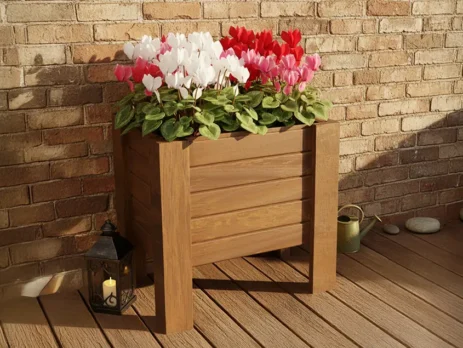 Kış mevsiminde ahşap saksı avantajları sayesinde korunan ve yalıtımı sağlanan bitkiler.