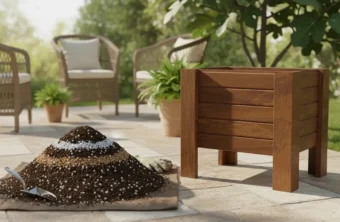 Ahşap saksı toprak seçimi için perlit ve torf karışımı hazırlayan bir bahçıvan.