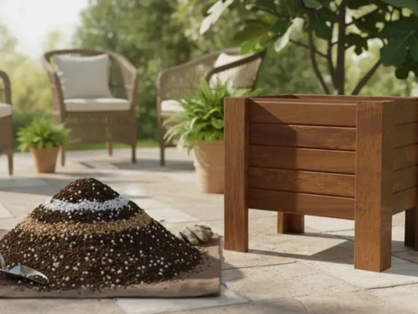 Ahşap saksı toprak seçimi için perlit ve torf karışımı hazırlayan bir bahçıvan.