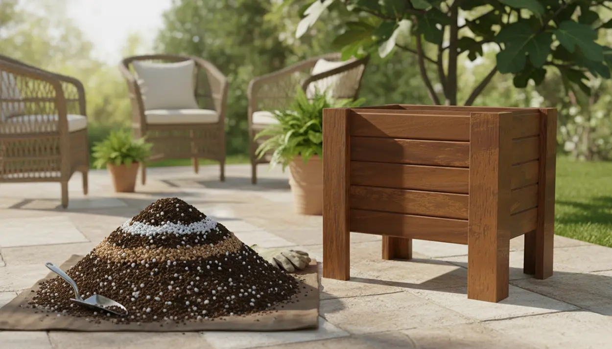 Ahşap saksı toprak seçimi için perlit ve torf karışımı hazırlayan bir bahçıvan.