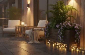 Modern dış mekan dekorasyonunda aydınlatılmış ahşap saksı kullanımı