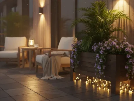 Modern dış mekan dekorasyonunda aydınlatılmış ahşap saksı kullanımı