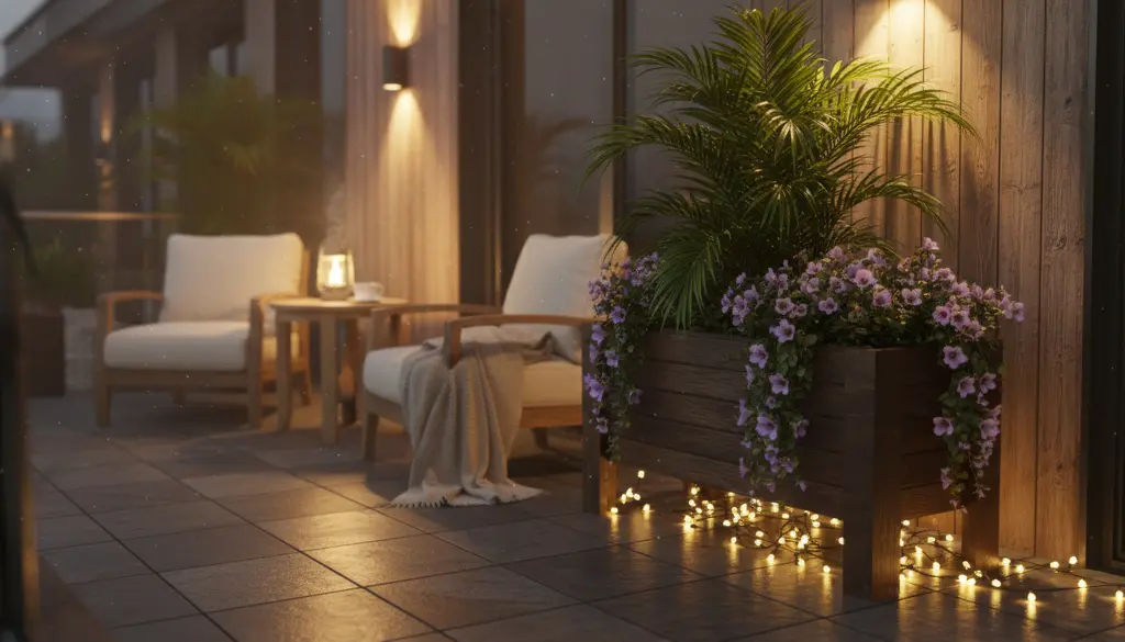 Modern dış mekan dekorasyonunda aydınlatılmış ahşap saksı kullanımı