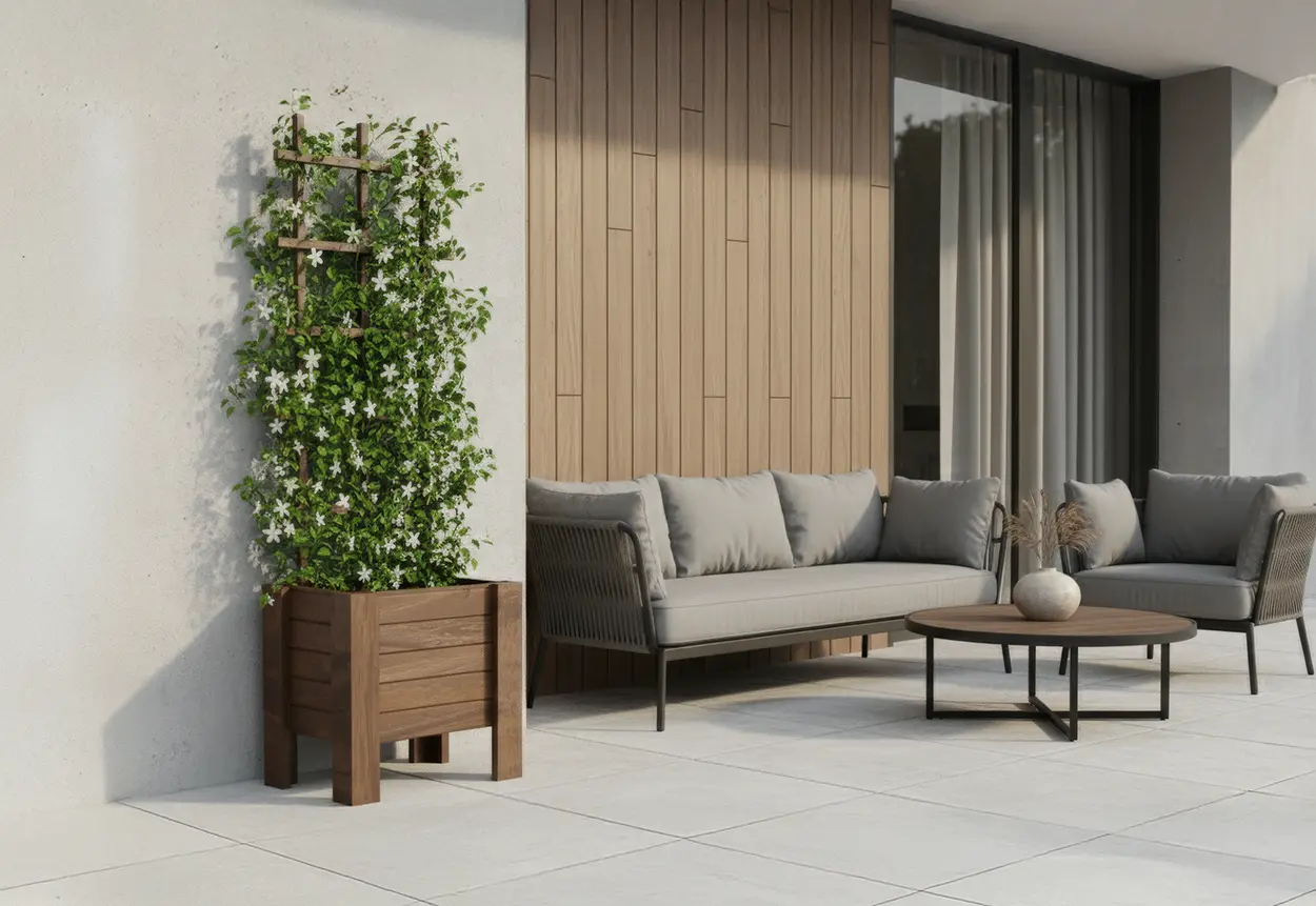 Küçük balkonda dikey bahçe oluşturan bitki destekli ahşap saksı modeli.