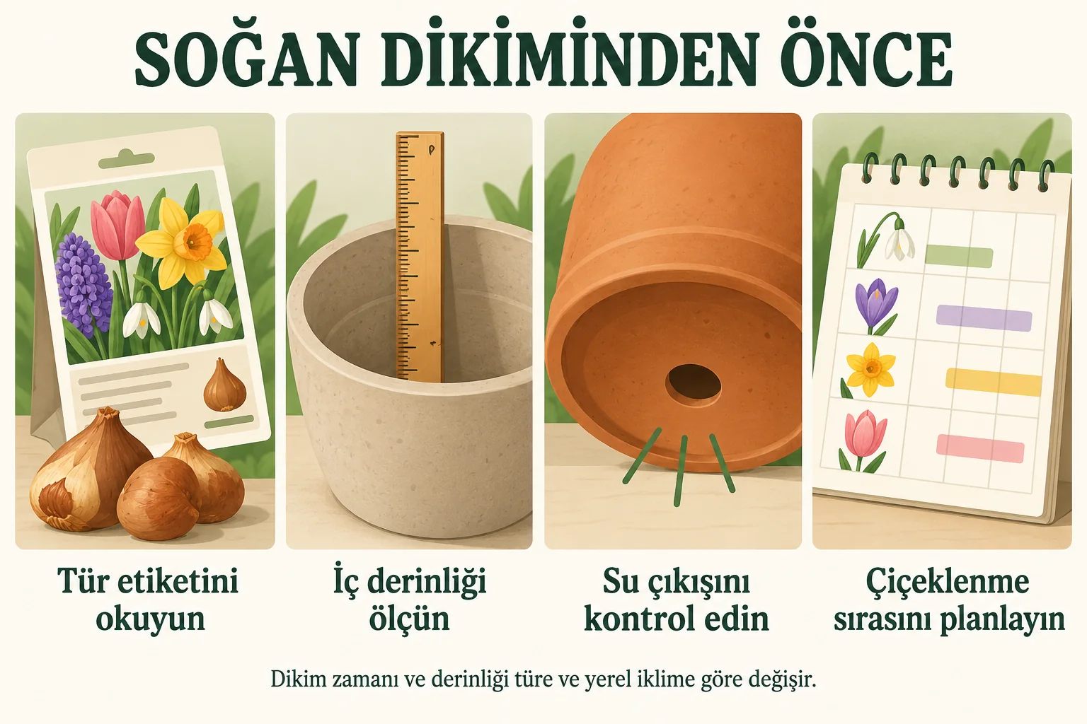 Çiçek soğanı dikiminden önce tür etiketi, iç derinlik, su çıkışı ve çiçeklenme sırasının kontrolü.